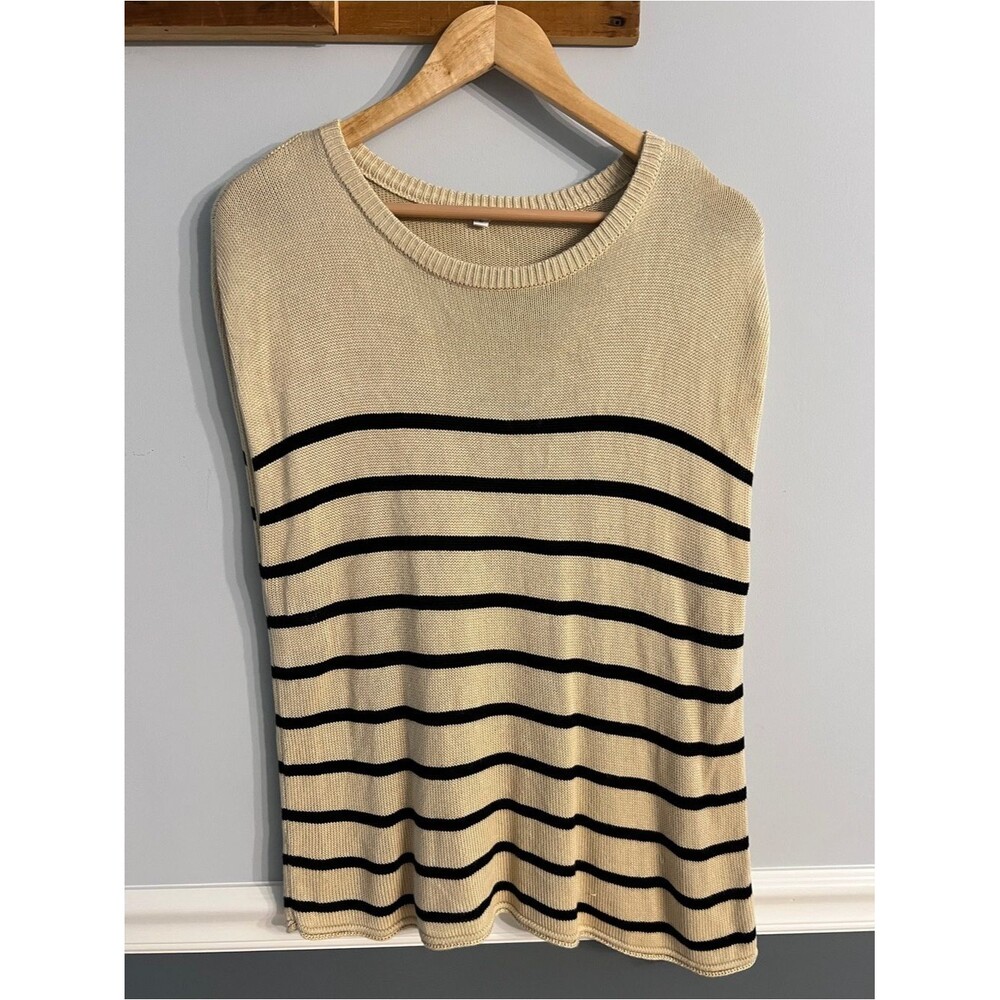 Striped Coastal Knit Sweater Tank Top Beige Black Sleeveless Women’s Large